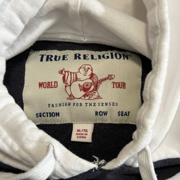True Religion Hoodie Mens XL Blue White Pull Over Long Sleeve Sweatshirt Logo - Picture 3 of 6